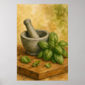 Mortel en Vijzel met Basilicum Waterverfposter Poster (Voorkant)