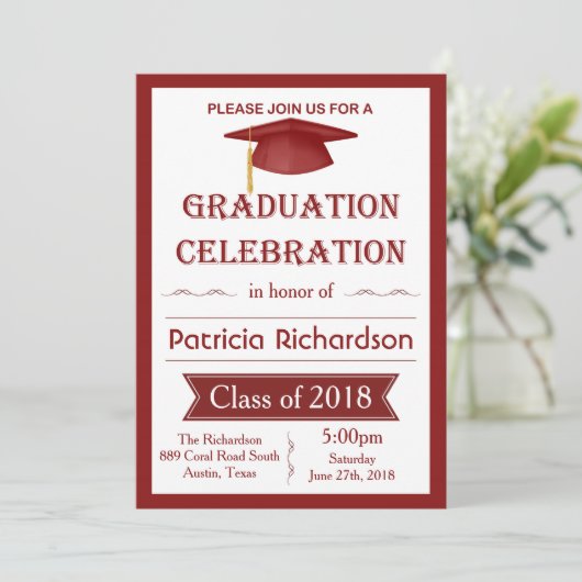 Mortel, rood & wit Graduation Party Uitnodiging (Staand voorkant)