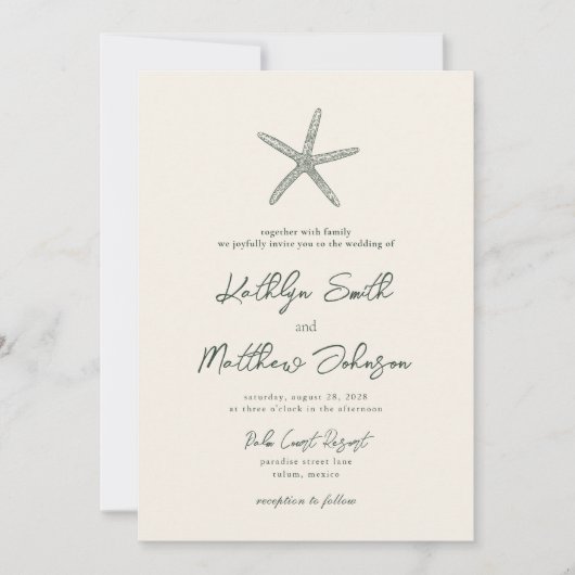 Mos Groen Moderne Shell Strand Bestemming Bruiloft Kaart (Voorkant)