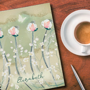 Mos Groen & Wit Pastel Bloemen Gepersonaliseerd Notitieboek