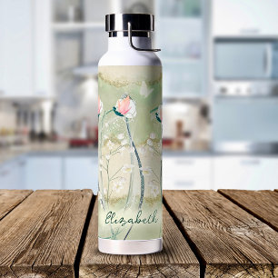 Mos Groen & Wit Pastel Bloemen Gepersonaliseerd Waterfles