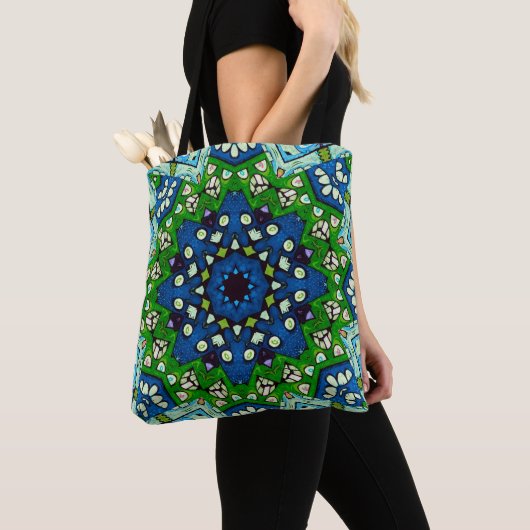Mosaic Blue Green Hippie Boho Mandala Tote Bag (Dichtbij)