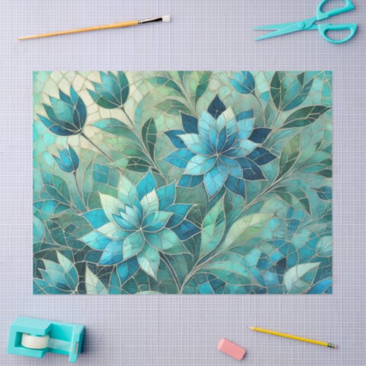 Mosaic Blue Teal Floral Pattern Decoupage Tissuepapier (Craft)