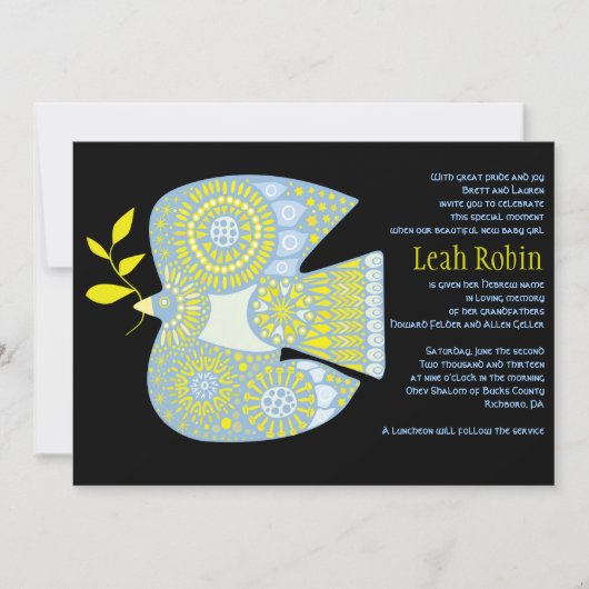 MOSAIC DOVE of PEACE Jewish Baby Naming Invitation Kaart (Voorkant)