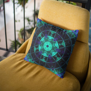 Mosaic Kaleidoscope - Blauwgroen zwart-wit en blau Kussen