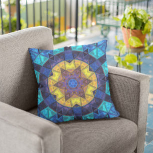 Mosaic Kaleidoscope Flower Blue and Yellow Kussen