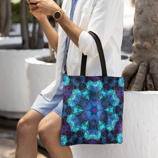 Mosaic Kaleidoscope Flower Blue en Paars Tote Bag