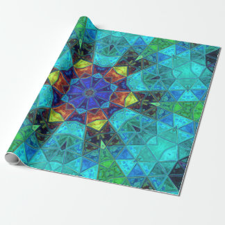 Mosaic Kaleidoscope Flower Blue Green and Oranje Cadeaupapier