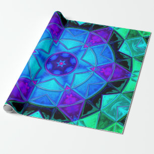 Mosaic Kaleidoscope Flower Blue Paars and Blauwgro Cadeaupapier