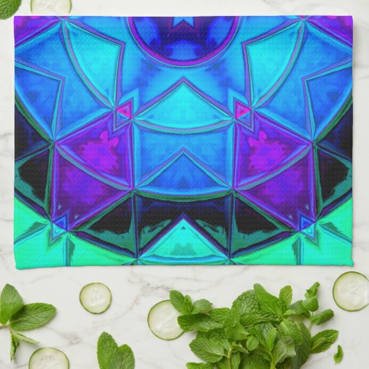 Mosaic Kaleidoscope Flower Blue Paars and Blauwgro Theedoek (Gevouwen)