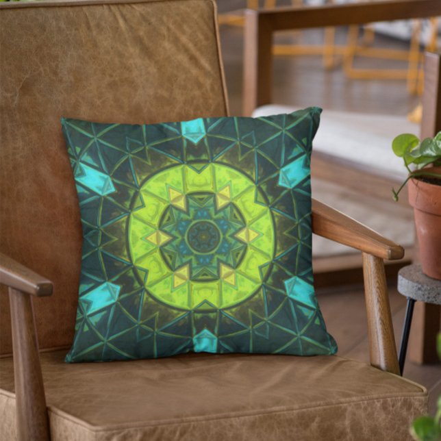 Mosaic Kaleidoscope Flower Green and Blue Kussen (Creator heeft geüpload)