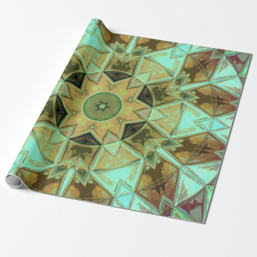 Mosaic Kaleidoscope Flower Green and Brown Cadeaupapier (Uitgerold)
