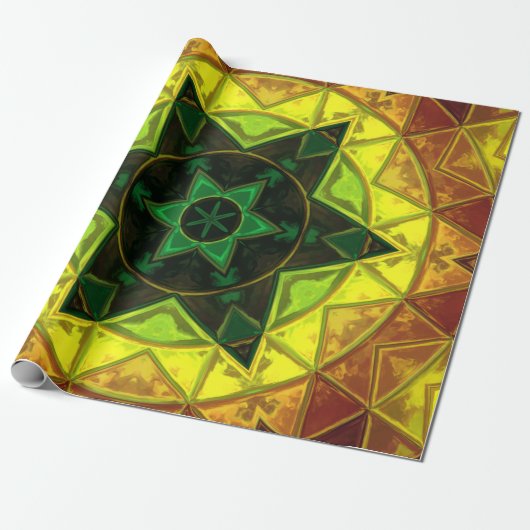 Mosaic Kaleidoscope Flower Green and Yellow Cadeaupapier (Uitgerold)