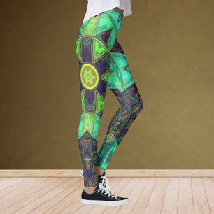 Mosaic Kaleidoscope Flower Green Blauwgroen and Pa Leggings