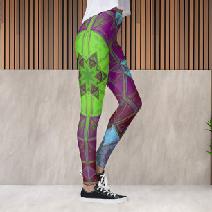 Mosaic Kaleidoscope Flower Green Paars and Blue Leggings