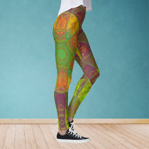 Mosaic Kaleidoscope Flower Green Paars and Oranje Leggings