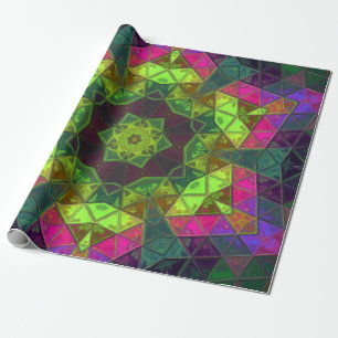 Mosaic Kaleidoscope Flower Green Roze en Paars Cadeaupapier