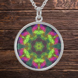 Mosaic Kaleidoscope Flower Green Roze en Paars Sterling Zilver Ketting<br><div class="desc">Dit mozaïekkaleidoscoopontwerp biedt briljante groene,  paarse en roze tegels. Een levendig geometrisch ontwerp geïnspireerd door fractals,  mandala's en gekleurde glazen mozaïeken. Haal nu dit mooie trippy ontwerp en voeg wat roebelkleurige kleuren toe aan je leven!</div>
