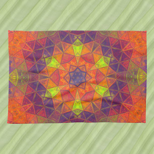 Mosaic Kaleidoscope Flower Oranje Paars and Green Theedoek
