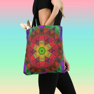 Mosaic Kaleidoscope Flower Red Green and Paars Tote Bag