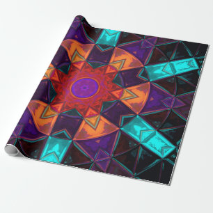 Mosaic Kaleidoscope Flower Red Oranje and Blue Cadeaupapier