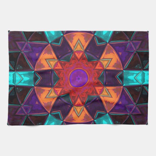 Mosaic Kaleidoscope Flower Red Oranje and Blue Theedoek (Horizontaal)