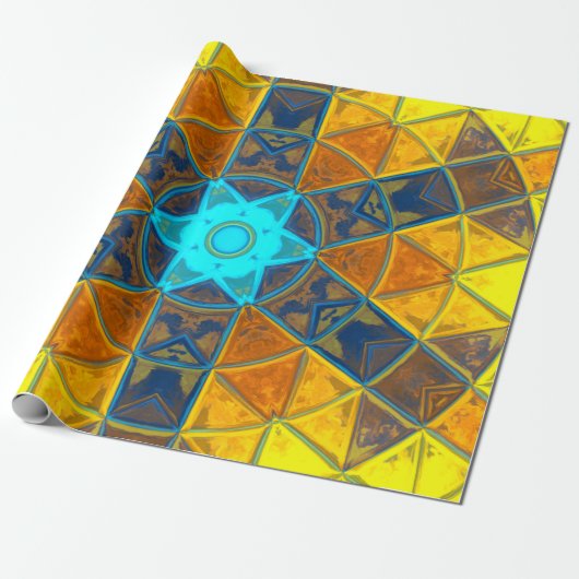 Mosaic Kaleidoscope Flower Yellow and Blue Cadeaupapier (Uitgerold)