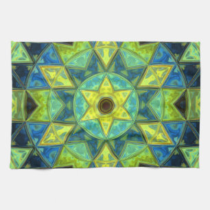 Mosaic Kaleidoscope Flower Yellow and Blue Theedoek