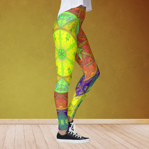 Mosaic Kaleidoscope Flower Yellow Green and Oranje Leggings