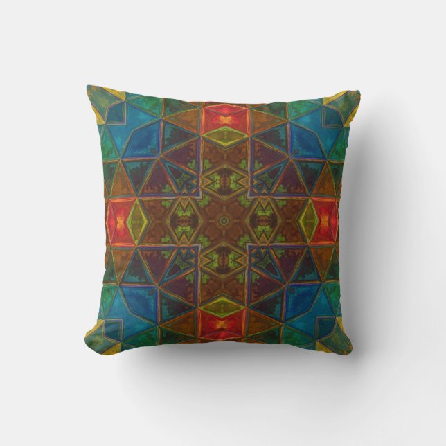 Mosaic Kaleidoscope Square Blue Red en Green Kussen (Voorkant)
