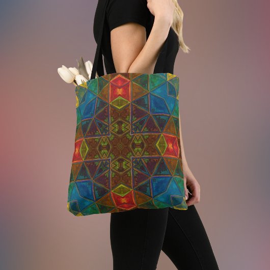 Mosaic Kaleidoscope Square Blue Red en Green Tote Bag