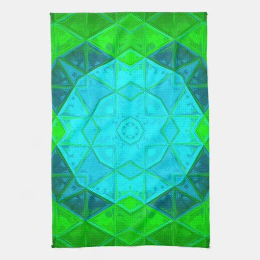 Mosaic Kaleidoscope Square Green and Blue Theedoek (Verticaal)