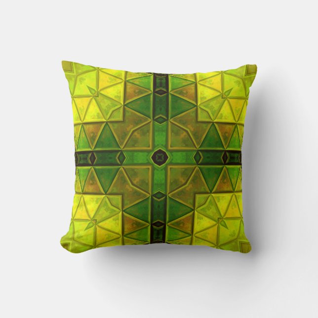 Mosaic Kaleidoscope Square Green and Yellow Kussen (Voorkant)