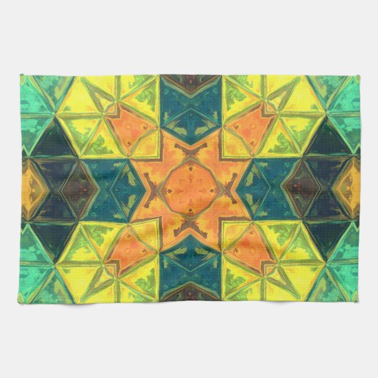 Mosaic Kaleidoscope Square Oranje Yellow and Green Theedoek (Horizontaal)