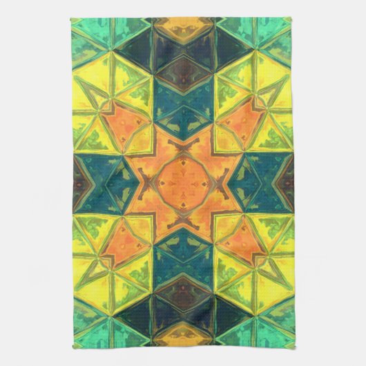 Mosaic Kaleidoscope Square Oranje Yellow and Green Theedoek (Verticaal)
