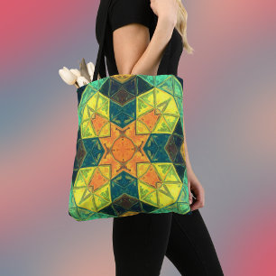 Mosaic Kaleidoscope Square Oranje Yellow and Green Tote Bag