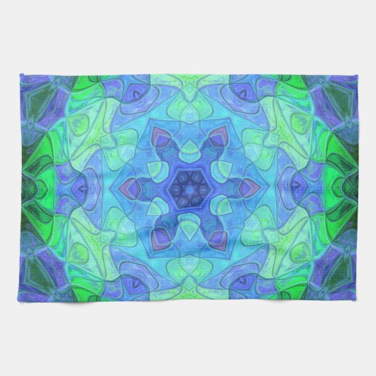 Mosaic Mandala Flower Blue en Green Theedoek (Horizontaal)