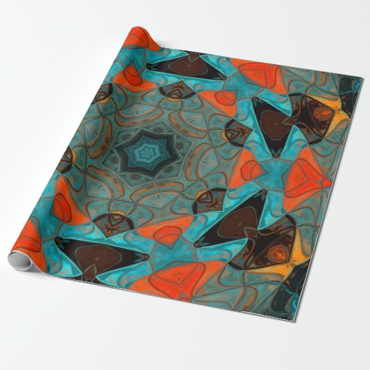 Mosaic Mandala Flower Blue en Oranje Cadeaupapier (Uitgerold)