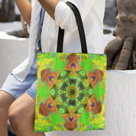 Mosaic Mandala Flower Green Oranje and Yellow Tote Bag