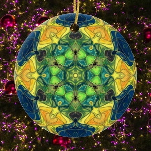 Mosaic Mandala Flower Green Yellow and Blue Keramisch Ornament