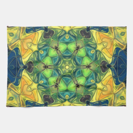Mosaic Mandala Flower Green Yellow and Blue Theedoek (Horizontaal)