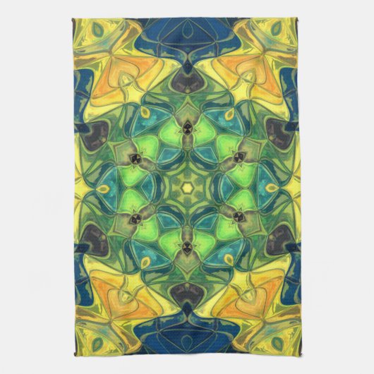 Mosaic Mandala Flower Green Yellow and Blue Theedoek (Verticaal)