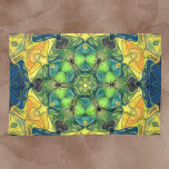 Mosaic Mandala Flower Green Yellow and Blue Theedoek<br><div class="desc">Deze mozaïekkaleidoscoopbloem is voorzien van briljante groene,  gele en blauwe tegels. Het is levendige geometrie geïnspireerd door fractals,  mandala's en gekleurde glazen mozaïeken. Kies nu voor dit trippy ontwerp voor je favoriete vriend die van heldere kleuren houdt!</div>