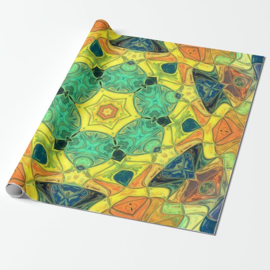 Mosaic Mandala Flower Green Yellow Blue en Oranje Cadeaupapier (Uitgerold)