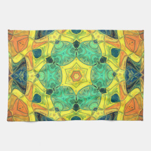 Mosaic Mandala Flower Green Yellow Blue en Oranje Theedoek