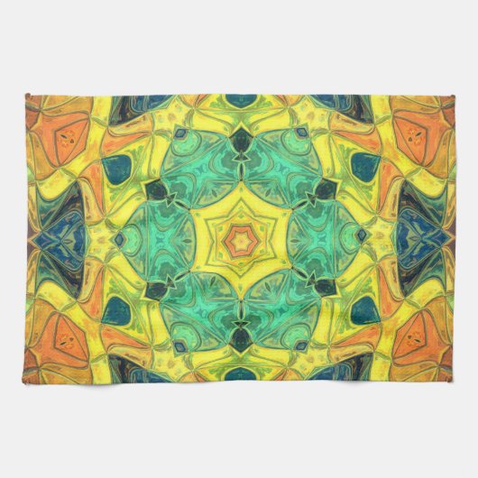 Mosaic Mandala Flower Green Yellow Blue en Oranje Theedoek (Horizontaal)
