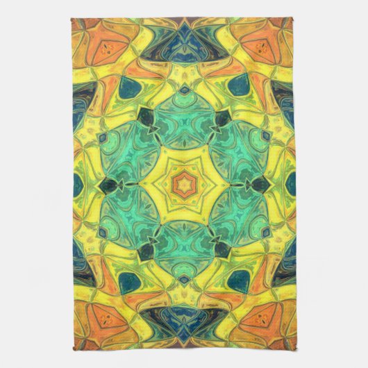Mosaic Mandala Flower Green Yellow Blue en Oranje Theedoek (Verticaal)