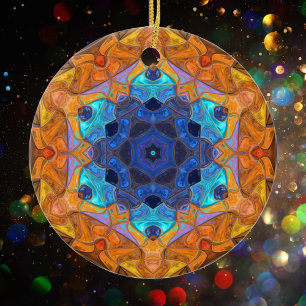 Mosaic Mandala Flower Oranje and Blue Keramisch Ornament
