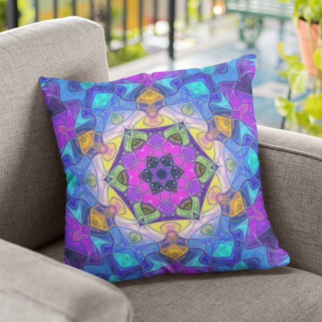 Mosaic Mandala Flower Pink Blue and Yellow Kussen (Creator heeft geüpload)