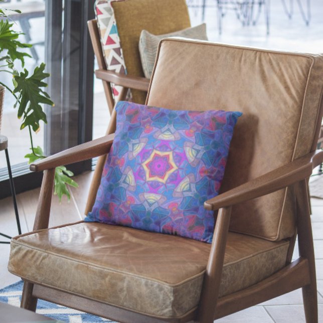 Mosaic Mandala Flower Pink Blue and Yellow Kussen (Creator heeft geüpload)